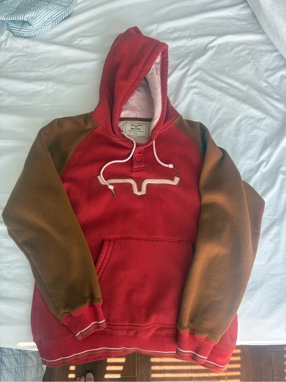 Kimes Ranch Red Hooded Sweatshirt with Brown Raglan Sleeves